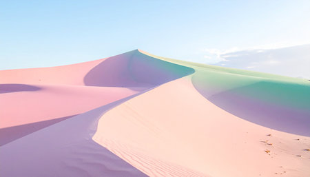 Softly colored sand dunes in pastel pink and mint green stretch across the landscape.の素材