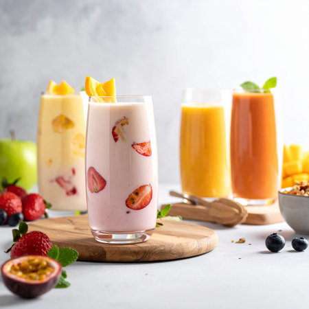 A pink strawberry smoothie in a glass garnished with an orange slice and surrounded by fresh fruit.の素材