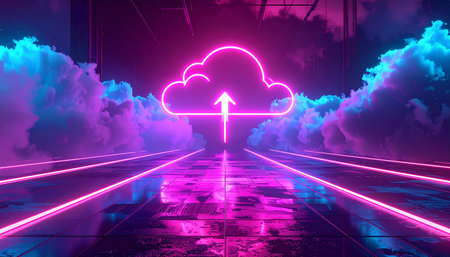 A neon cloud with an upload arrow hovers in a futuristic scene with clouds and glowing lines.の素材