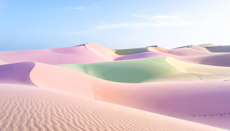 Softly colored sand dunes in pastel pink, purple, and green hues under a clear blue sky.の素材