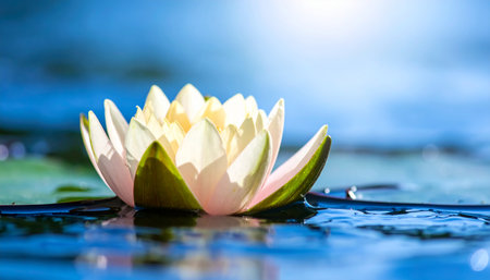 A pale pink and white water lily with green sepals rests on rippling blue water. Clear details and vibrant co...の素材