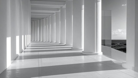Monochrome architectural hallway with tall columns and a reflective glass panel. Clear details and vibrant co...の素材