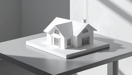 A white house model with arched windows is displayed on a gray table with dappled light.の素材
