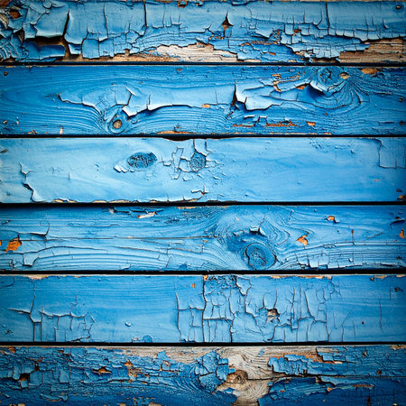 Close-up of weathered blue wooden planks with peeling paint texture. Clear details and vibrant colors enhance...の素材