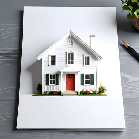 A miniature white house with a red door and green shutters is displayed on white paper.の素材
