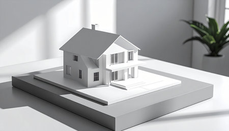 A white house model with a modern facade is displayed on a gray base with a plant.の素材