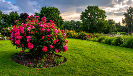 A lush garden with abundant pink and red roses is illuminated by soft evening light and clouds.の素材