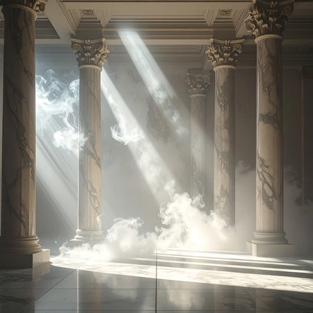 Ancient marble columns in a grand hall with dramatic sunbeams and wisps of smoke.の素材