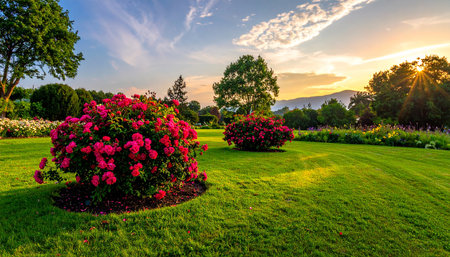 A garden bathed in sunset light features blooming red rose bushes and silhouetted trees.の素材