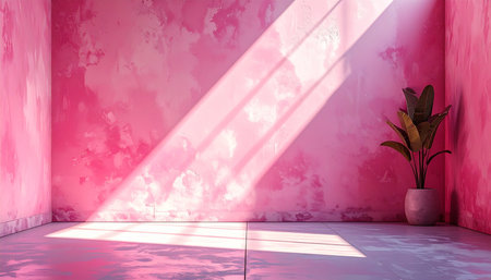 Pink room with textured walls, sunlight, and a potted plant casting shadows. Clear details and vibrant colors...の素材
