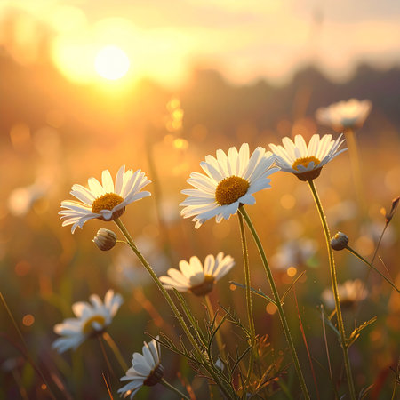 White daisies in a field at sunset with bright golden sun and lens flare Clear details and vibrant colors enh...の素材