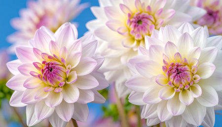 Close-up of vibrant white and pink dahlia flowers with water droplets against a blue backgroundの素材