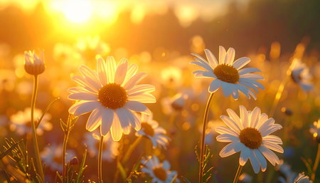 Close-up of white daisy flowers in warm golden sunset light with a soft bokeh background.の素材