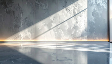 Sunlit interior with textured wall and warm ambient lighting along the floor. Clear details and vibrant color...の素材