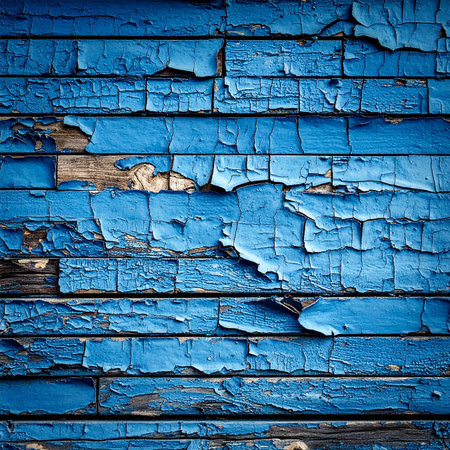Aged blue painted wooden planks with detailed peeling paint and exposed wood grain texture.の素材