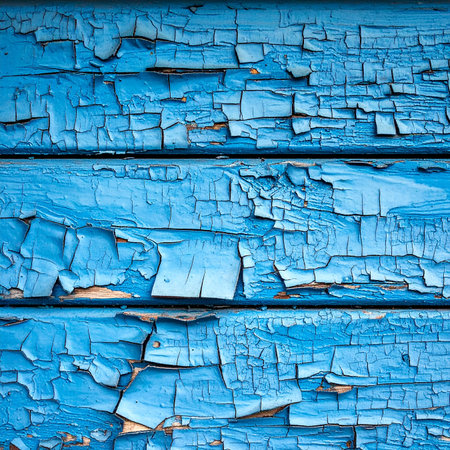 Abstract texture of cracked and peeling blue paint on weathered horizontal wooden planks.の素材
