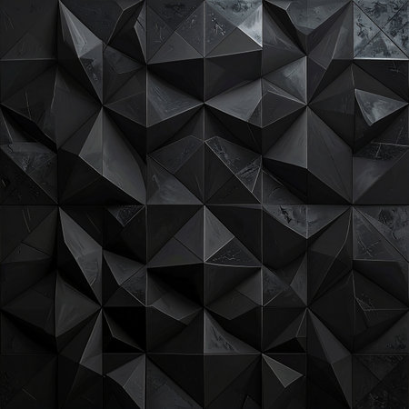 A textured black geometric faceted surface with angular relief patterns and marble accents.の素材