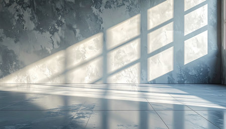 Bright interior with textured wall and geometric window light patterns on floor and wall.の素材