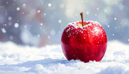 A red apple covered in snow sits on a snowy ground with falling snowflakes in the background.の素材