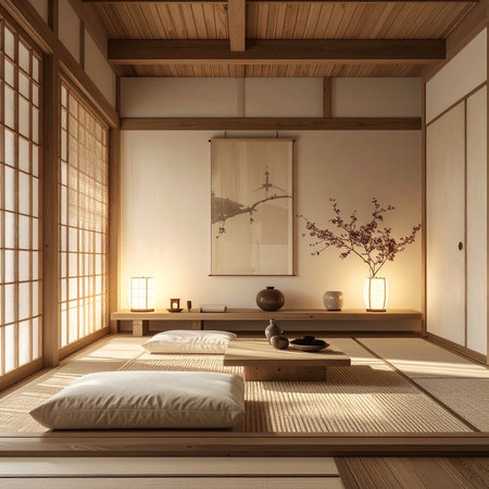 A tranquil Japanese room with tatami mats, shoji screens, and a low wooden table.の素材