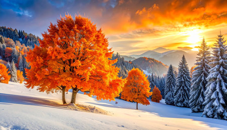 Snowy mountain landscape with bright orange trees and a dramatic sunset sky Clear details and vibrant colors ...の素材
