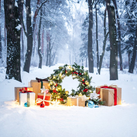 Holiday showing christmas wreath and gifts in a snowy forest path with twinkling lights keywords: christmas,...の素材