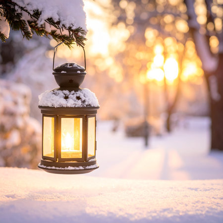 Lantern with lit candle hanging from a snow-covered branch in winter sunset Clear details and vibrant colors ...の素材