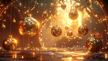 Golden Christmas ornaments hang amidst twinkling lights and a bokeh effect. Clear details and vibrant colors ...の素材