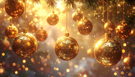 Close-up of ornate golden Christmas ornaments with sparkling bokeh lights Clear details and vibrant colors en...の素材