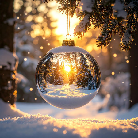 A Christmas ornament filled with snow reflects a winter forest at sunset. Clear details and vibrant colors en...の素材
