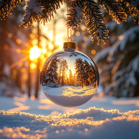 A glass Christmas ornament reflects a snowy forest at sunset with golden sunbeams.の素材