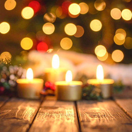 Four small lit candles on a wooden surface with a soft, blurry Christmas light background.の素材