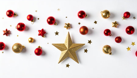 A variety of red and gold Christmas ornaments and stars are displayed on a white surfaceの素材