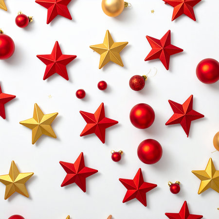 A repeating pattern of red and gold Christmas stars and round ornaments on white.の素材