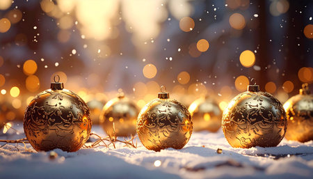 Golden Christmas ornaments rest on snow with blurred bokeh lights in the backgroundの素材