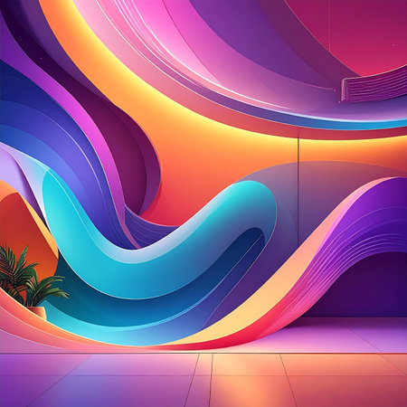 Abstract colorful waves flow through a modern interior with soft lighting and a potted plant.の素材