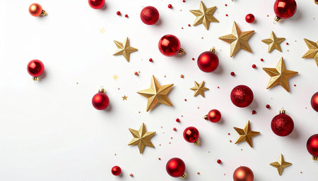 Red and gold Christmas ornaments and stars are scattered across a white backgroundの素材