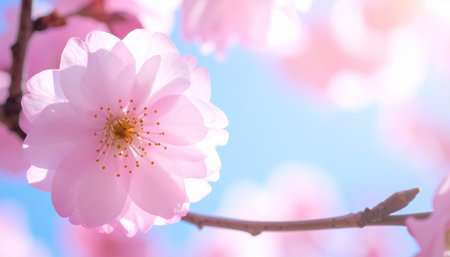 Soft focus pink cherry blossom flower with a bright blue sky and bokeh backgroundの素材