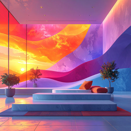 Futuristic interior with abstract landscape art and minimalist platforms Clear details and vibrant colors enh...の素材
