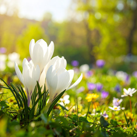 Fresh showing cluster of white crocus flowers in a sunlit spring garden with blurred background keywords:...の素材