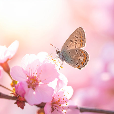 A detailed macro shot of a butterfly with spotted wings perched on a pink cherry blossom.の素材