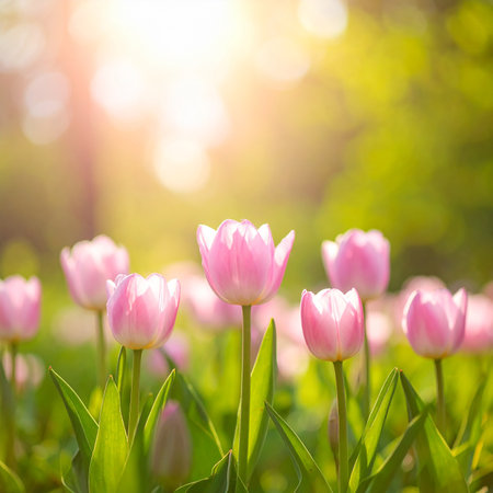 A field of pink tulips illuminated by bright golden sunlight and a soft bokeh Clear details and vibrant color...の素材