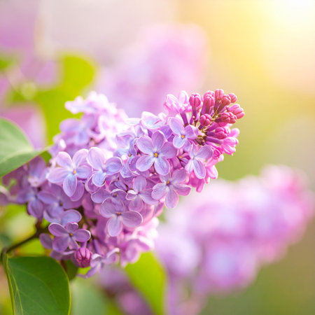 Soft focus image of purple lilac flowers with green leaves and a warm golden light.の素材