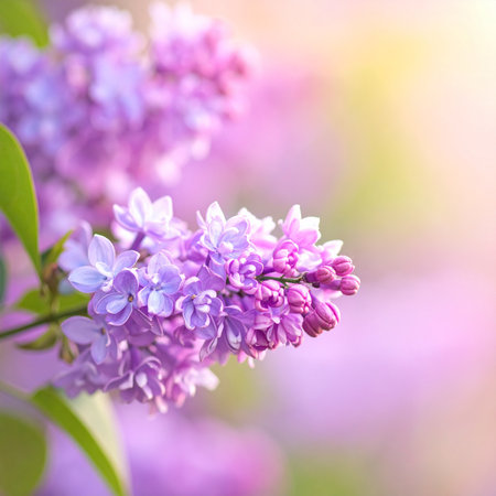 Delicate purple lilac flowers in soft focus with a blurred background and gentle light.の素材