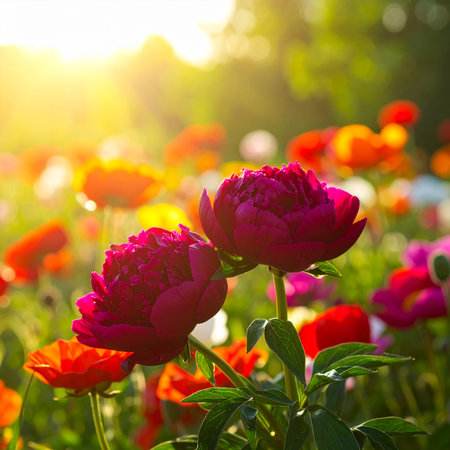 Two deep pink peonies in the foreground of a poppy field with bright sun flare. Clear details and vibrant col...の素材