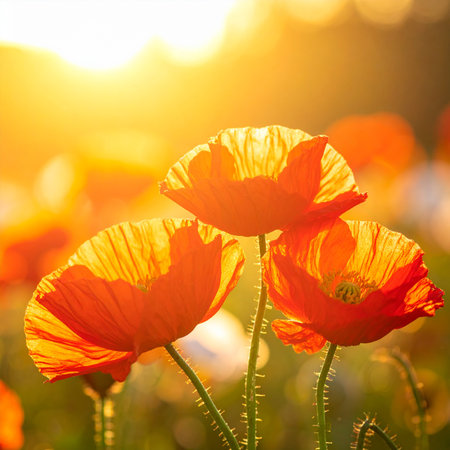 Three red poppies with translucent petals lit by warm golden sunlight Clear details and vibrant colors enhanc...の素材