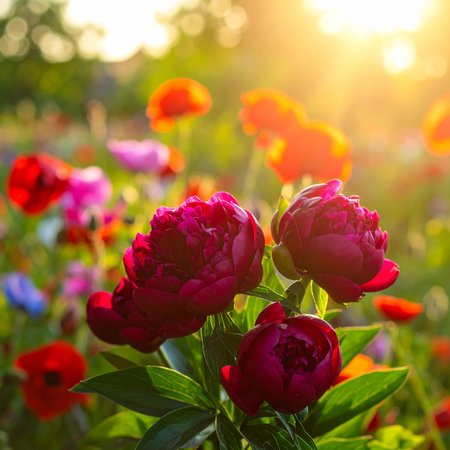 A cluster of deep red peonies in a vibrant field of poppies during golden hour. Clear details and vibrant col...の素材