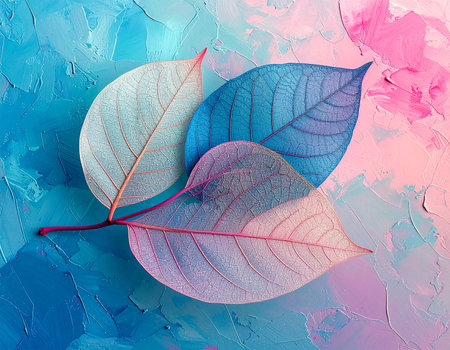 Three translucent skeleton leaves, in pink and blue hues, arranged on a textured abstract background.の素材