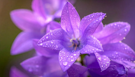 Extreme close-up of a purple bellflower adorned with numerous sparkling water droplets.の素材