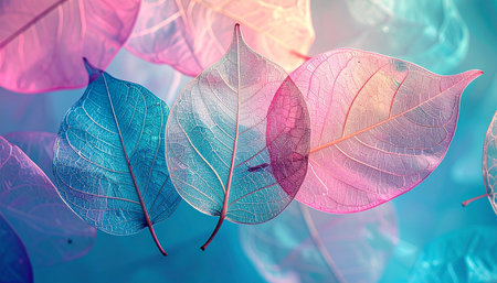 Overlapping translucent skeletonized leaves in vibrant pink and blue tones with visible veins.の素材